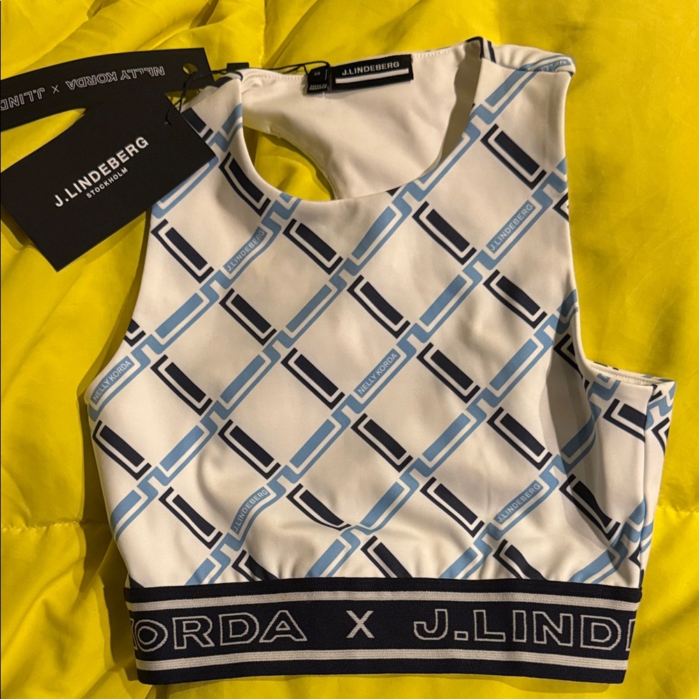 J.Lindeberg Geometric Blue and White Crop Top